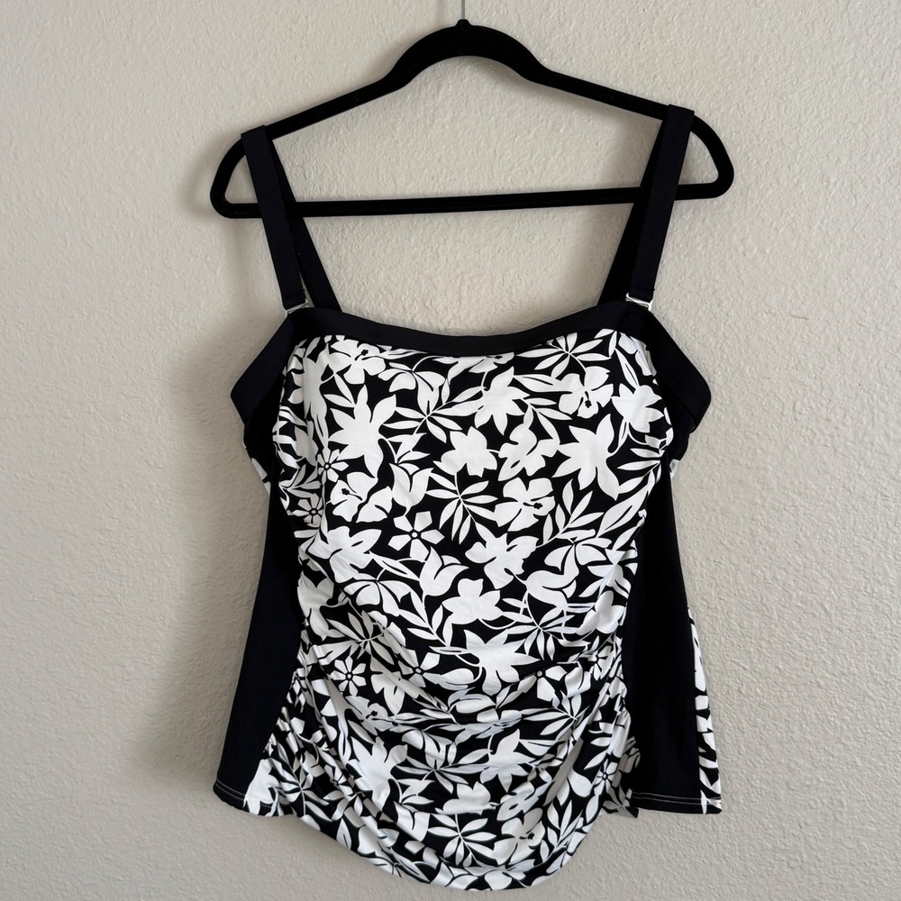 Lands End Womens 16W Tankini Top Black White Floral Ruched Tropical Modest